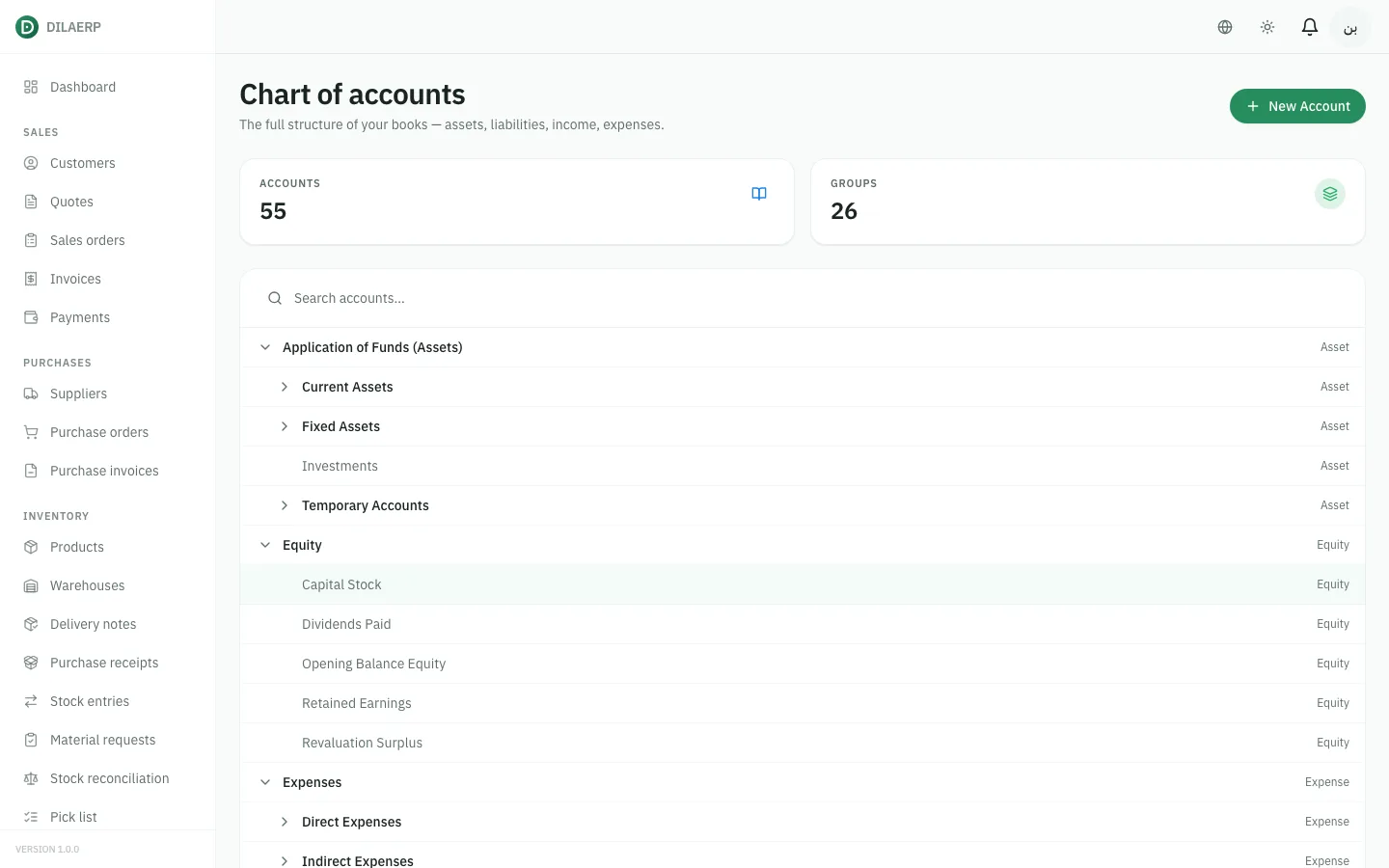 DilaERP chart of accounts tree.