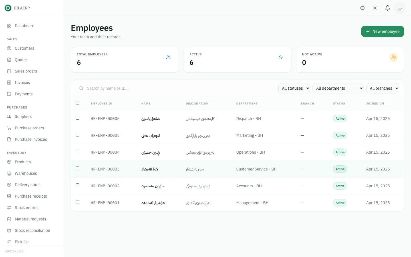 DilaERP employee list with departments and designations.