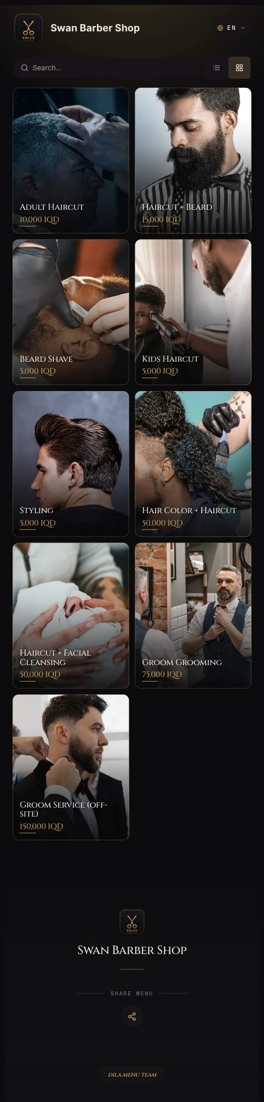 A barbershop running on dila.menu with a noir theme and priced service cards in IQD.
