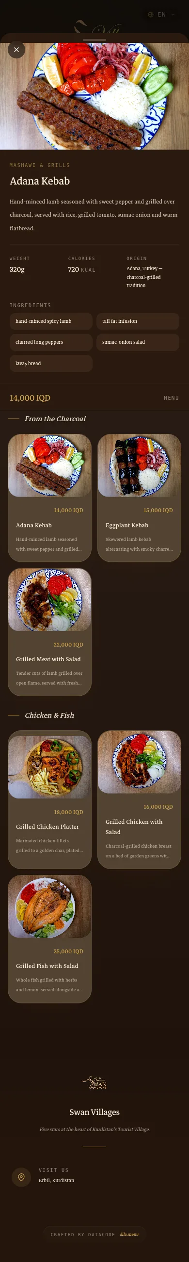 dila.menu item detail showing weight, calories, origin and ingredients.