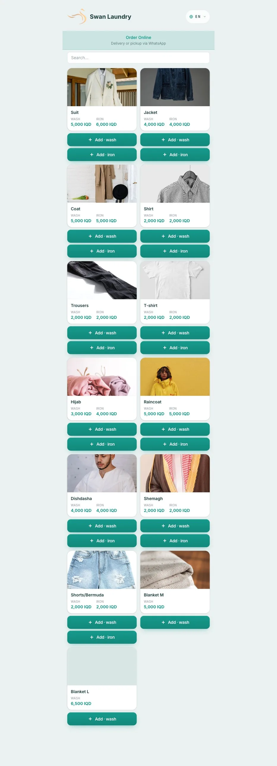 A laundry running on dila.menu taking online orders with a garment-by-service price matrix, wash and iron priced separately in IQD.
