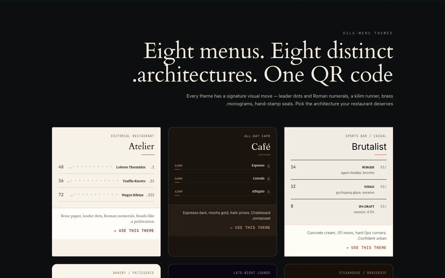 The dila.menu theme gallery showing eight distinct menu architectures.